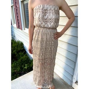 Champagne Lace Strapless Maxi Dress
